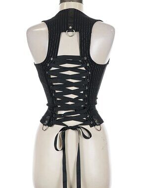 Lip Service Vintage Corset Top Lace Up Black Pinstripe Halter Zip Up Goth Punk M